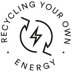 Icoon voor het recyclen van je eigen energie, twee pijlen vormen een cirkel met bliksem in het midden | mey® 